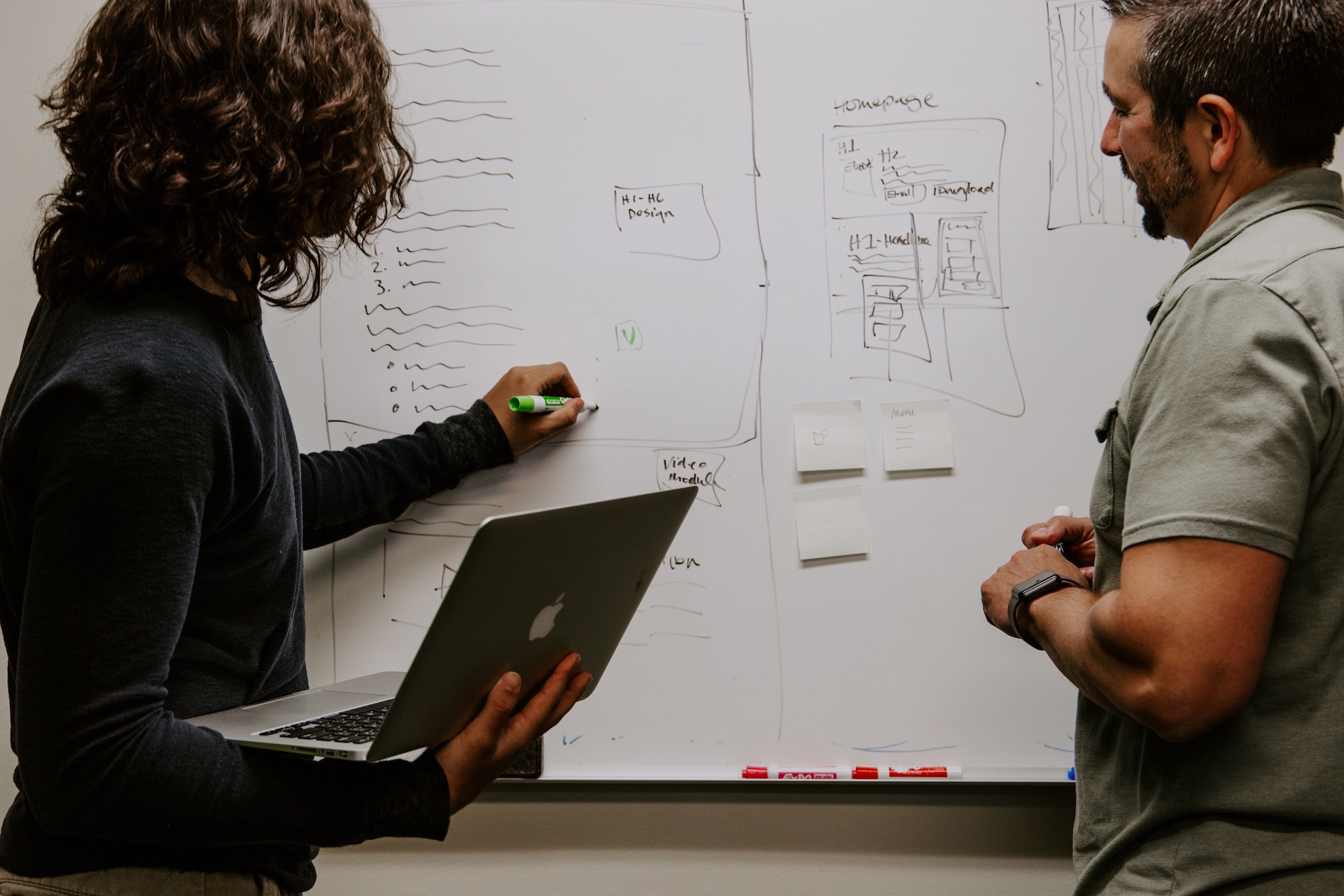 people discussing and writing notes on a board